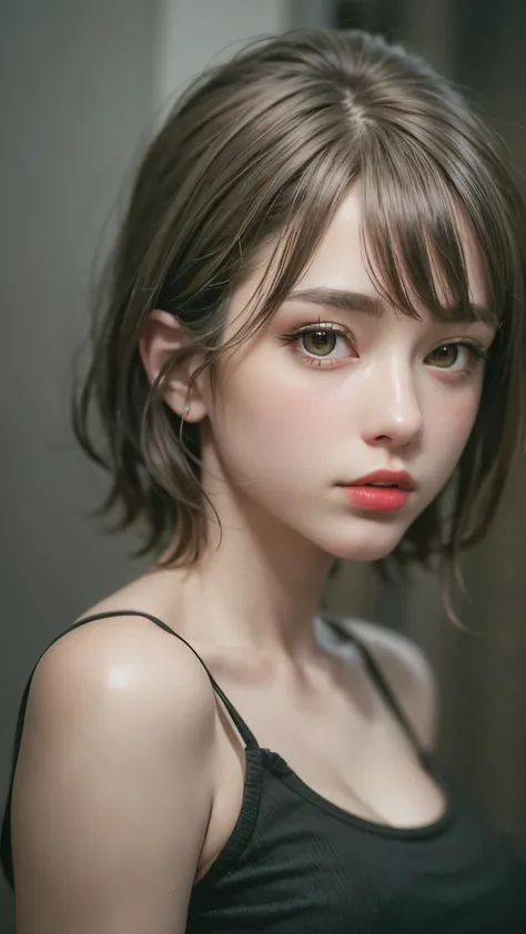 Masterpiece hyperrealist & Photorealistic beautiful girl, Realistic Skin (Pore-filled skin) Short Bob Cut Hair, Realistic red lips,Punk Girl, (head shot:1.5),Shorts