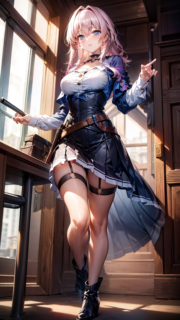 a beautiful young woman, light pink hair,  big blue eyes, ankle boots, archery shooting glove, badge, bare legs, black choker, black corset, black footwear, black gloves, blue jacket, blue skirt, boots, button badge, buttons, choker, collarbone, corset, earrings, flower ornament, gloves, high heel boots, high heels, jacket, jewelry, long sleeves, miniskirt, partially fingerless gloves, pleated skirt, shirt, showing blue lace panties, single earring, single glove, skirt, thigh strap, tied jacket, underbust, white shirt, skirt lift, flipped my skirt, innocent looking, beautiful detailed eyes, beautiful detailed lips, extremely detailed face, long eyelashes, standing in a train station, sunlight streaming through the windows, intricate architectural details, gleaming metal and glass, warm color palette, cinematic lighting, photorealistic, 8k, high quality, detailed