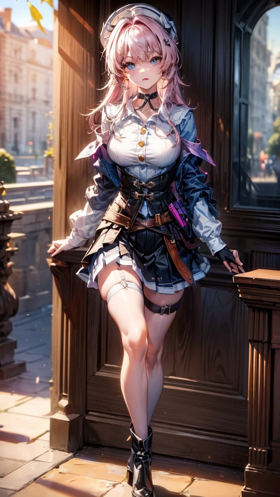 a beautiful young woman, light pink hair,  big blue eyes, ankle boots, archery shooting glove, badge, bare legs, black choker, black corset, black footwear, black gloves, blue jacket, blue skirt, boots, button badge, buttons, choker, collarbone, corset, earrings, flower ornament, gloves, high heel boots, high heels, jacket, jewelry, long sleeves, miniskirt, partially fingerless gloves, pleated skirt, shirt, showing blue lace panties, single earring, single glove, skirt, thigh strap, tied jacket, underbust, white shirt, skirt lift, flipped my skirt, innocent looking, beautiful detailed eyes, beautiful detailed lips, extremely detailed face, long eyelashes, standing in a train station, sunlight streaming through the windows, intricate architectural details, gleaming metal and glass, warm color palette, cinematic lighting, photorealistic, 8k, high quality, detailed