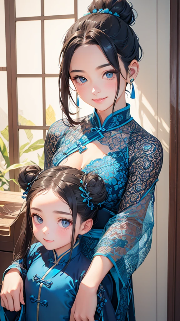 Highest quality、Realistic、girl、zoom、cute、Grey Eyes、Hair Bun、Chestnut Hair、Back to all、the forehead is protruding、Blue Chinese Dress、Looking down、Big smile、Bust Shot、thin、Small breasts