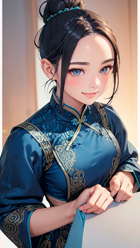 highest quality、realistic、girl、zoom、cute、grey eyes、hair bun、chestnut hair、back to all、the forehead is protruding、blue chinese dr...