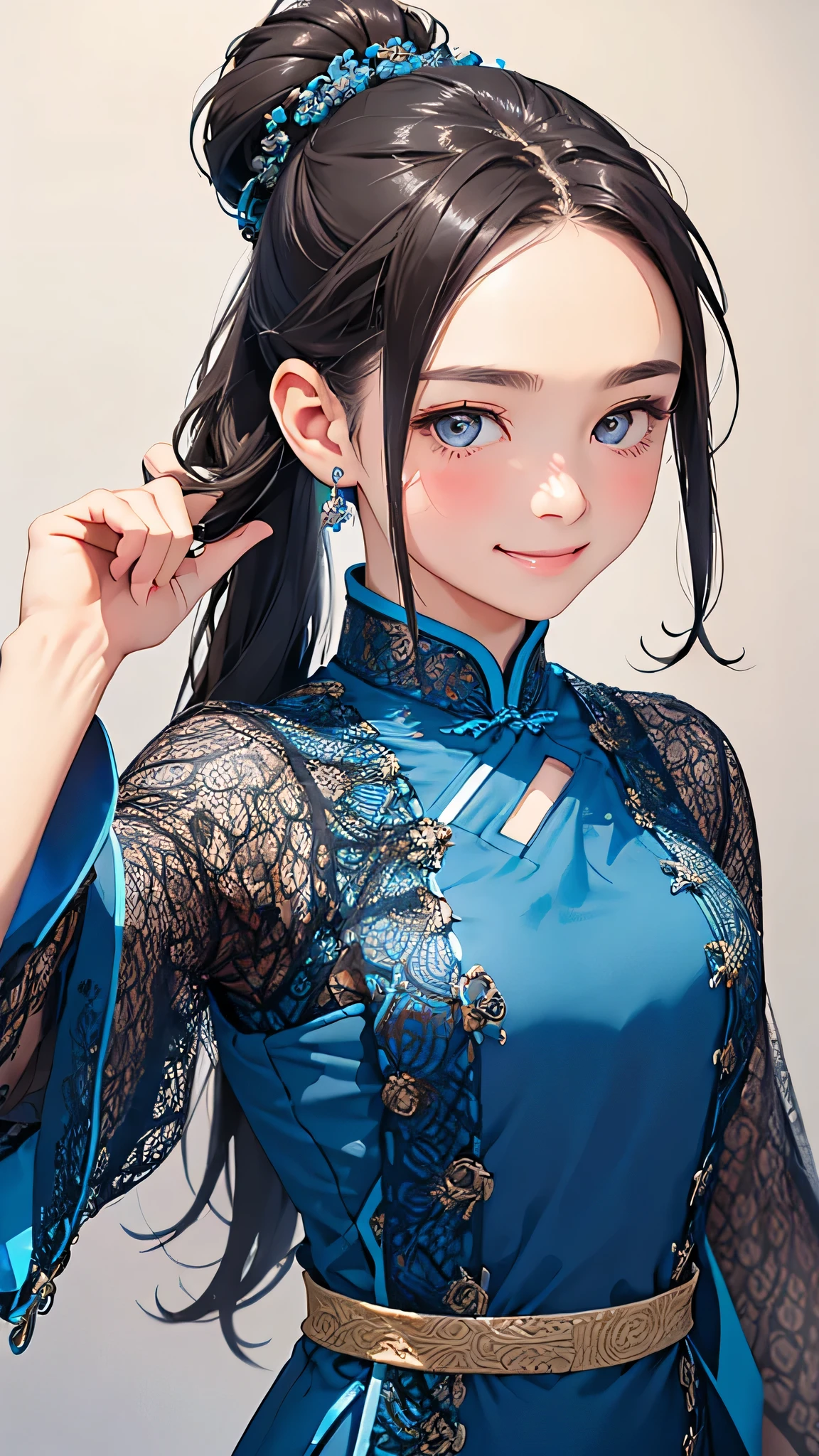 Highest quality、Realistic、girl、zoom、cute、Grey Eyes、Hair Bun、Chestnut Hair、Back to all、the forehead is protruding、Blue Chinese Dress、Looking down、Big smile、Bust Shot、thin、Small breasts