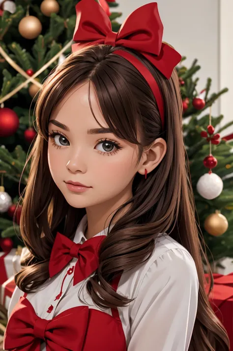 woman close up wearing a red bow in her hair near christmas tree, 1girl, long hair, bow, christmas tree, hair bow, red bow