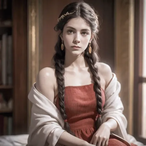 arafed photo of a woman with a braid in her hair, in her early 20s, maria fortuny, marianne collins, nadezhda tikhomirova, photo...