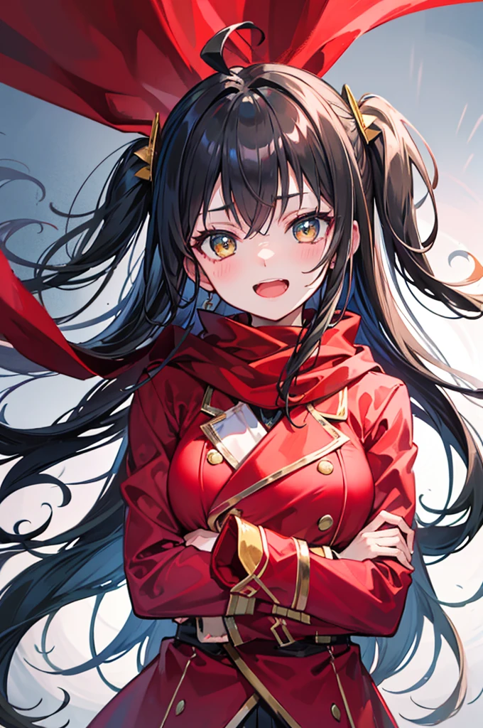 portrait, one side up, long hair, black hair, stupid hair, passionate fool, girl, medium breasts, Laugh loudly and energetically, golden eyes, red cloth scarf, Black Jacket, hero, Arms crossed