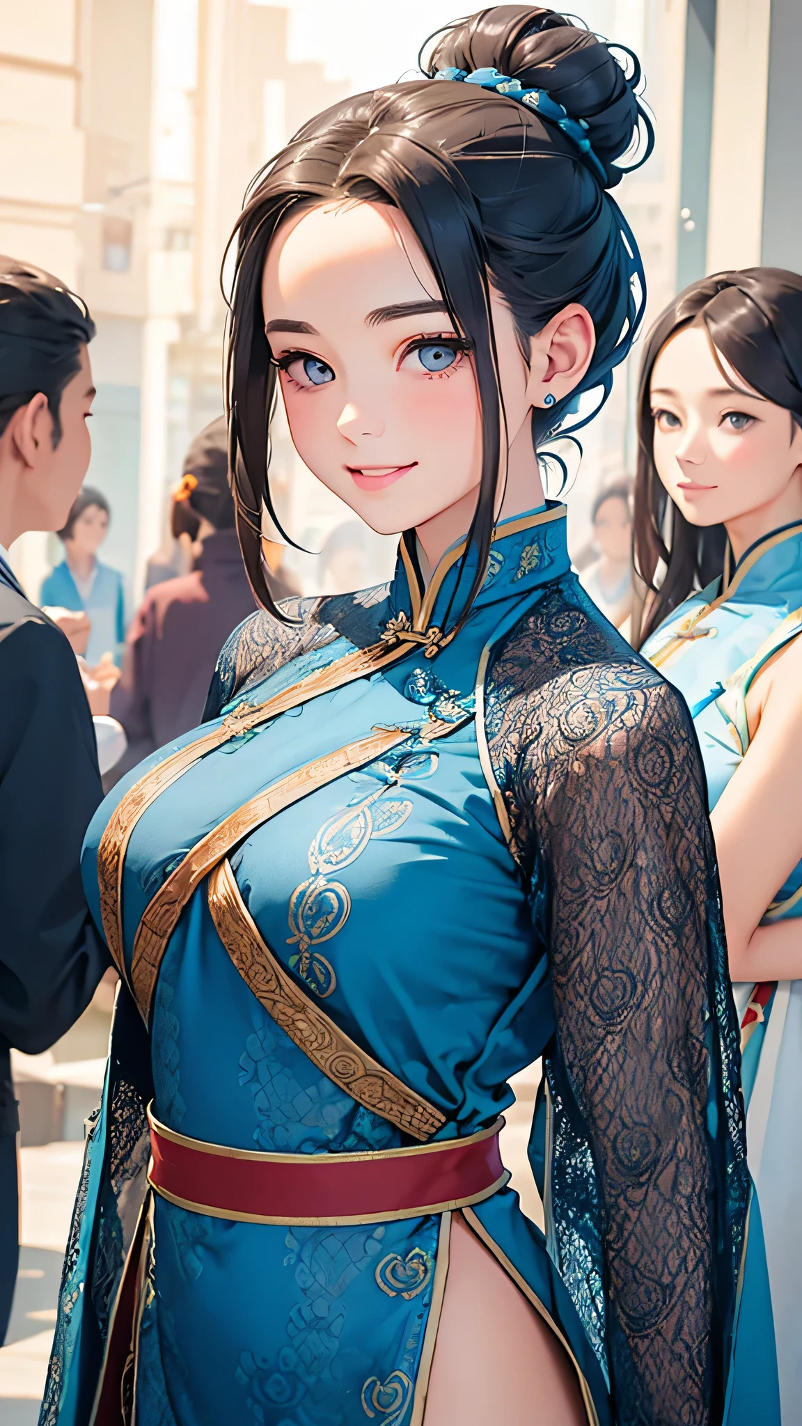 Highest quality、Realistic、girl、zoom、cute、Grey Eyes、Hair Bun、Chestnut Hair、Back to all、the forehead is protruding、Blue Chinese Dress、Looking down、Big smile、Bust Shot、thin、Large Breasts