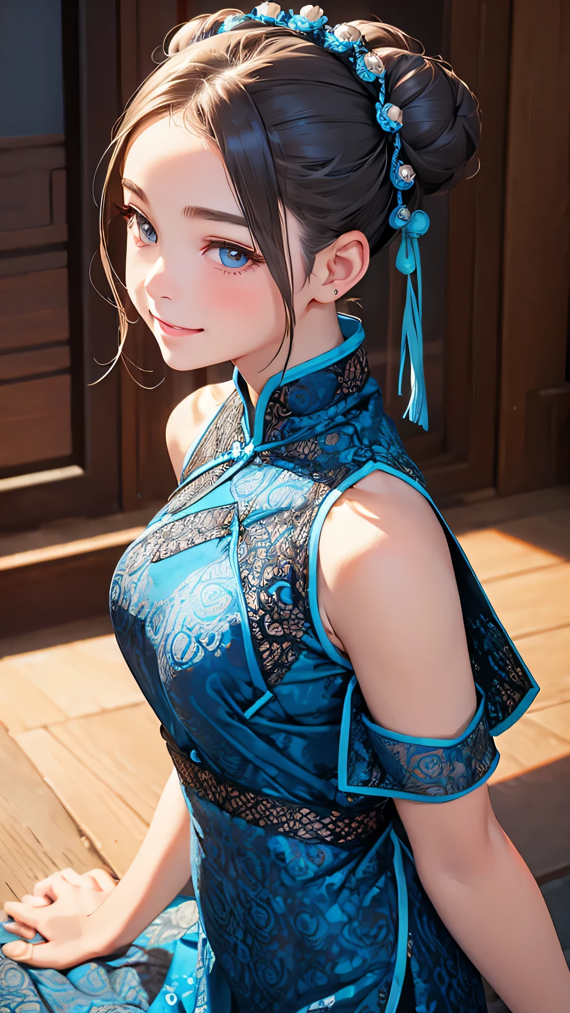 Highest quality、Realistic、girl、zoom、cute、Grey Eyes、Hair Bun、Chestnut Hair、Back to all、the forehead is protruding、Blue Chinese Dress、Looking down、Big smile、Bust Shot、thin、Large Breasts