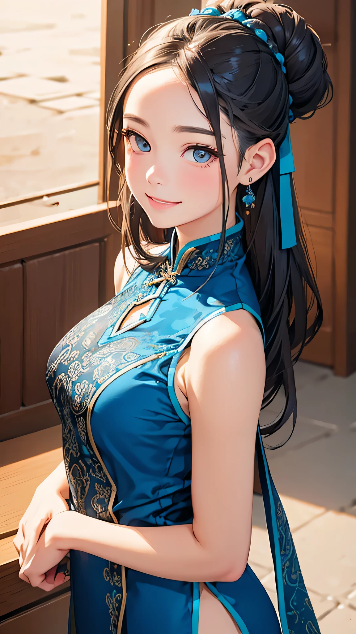 Highest quality、Realistic、girl、zoom、cute、Grey Eyes、Hair Bun、Chestnut Hair、Back to all、the forehead is protruding、Blue Chinese Dress、Looking down、Big smile、Bust Shot、thin、Large Breasts