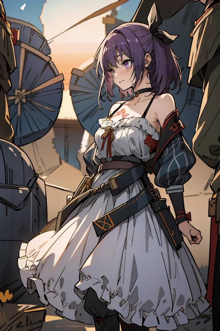 (masterpiece:1.2), (high quality:1.2), reo mikage, blue lock, girls with((1girl, solo, purple hair, (medium hair, right swept bangsone side up, hair ribbon, hair bow:1.55), bare shoulder, blush, breasts, choker, cleavage, cowboy shot, collar, collarbone, rosary, rosary choker, cross, white clothes, blouse, sleeveless, neck ribbon, big ribbon, cheongsam, cinderella dress, long dress, frill pannier, leggings, boots, sandals, bare feet)), background with((Battlefield, continent, earth, horizon:2.0))