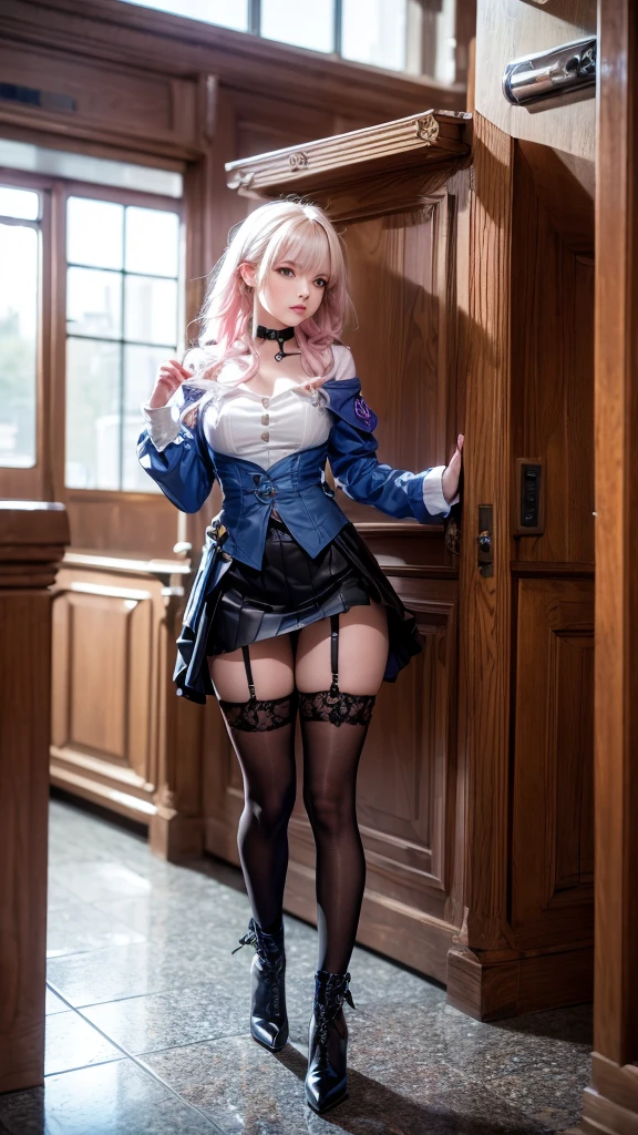 a beautiful young woman, light pink hair,  big blue eyes, ankle boots, archery shooting glove, badge, bare legs, black choker, black corset, black footwear, black gloves, blue jacket, blue skirt, boots, button badge, buttons, choker, collarbone, corset, earrings, flower ornament, gloves, high heel boots, high heels, jacket, jewelry, long sleeves, miniskirt, partially fingerless gloves, pleated skirt, shirt, showing blue lace panties, single earring, single glove, skirt, thigh strap, tied jacket, underbust, white shirt, skirt lift, flipped my skirt, innocent looking, beautiful detailed eyes, beautiful detailed lips, extremely detailed face, long eyelashes, standing in a train station, sunlight streaming through the windows, intricate architectural details, gleaming metal and glass, warm color palette, cinematic lighting, photorealistic, 8k, high quality, detailed