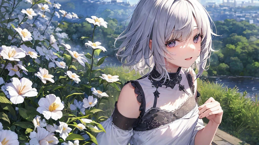 Ultra HD,Look at the viewers, Put your hands behind your back, With a girl, 20-year-old, 非常にShort Hair, Long bangs between the eyes, Pale blue eyes, Very detailed,(masterpiece、Highest quality),Gray Hair、Laughter、Fantastic, Silver Hair, Iris, Short hair、 Fluttering Hair、Small Face、明るいsmile、(Detailed face) ,Professional Lighting,Wonderful landscape,blue sky, sunlight,Looking down from above,Portraiture、Open your mouth、Flower Field、Her eyes were shining、Mysterious and enchanting atmosphere。With AI Painting、とてもShort Hair, Long bangs between the eyes, Very detailed,(masterpiece、Highest quality)、alone、Gray Hair、Fantasy, Silver Hair, Fantasyな風景、smile、Open your mouth、short hair、Short Hair、hairpin、black eye、Grey Eyes、Beautiful Eyes、Black Shirt、White hoodie