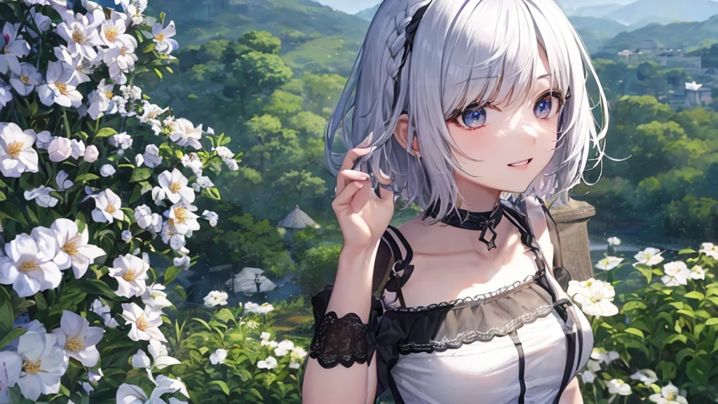 Ultra HD,Look at the viewers, Put your hands behind your back, With a girl, 20-year-old, 非常にShort Hair, Long bangs between the eyes, Pale blue eyes, Very detailed,(masterpiece、Highest quality),Gray Hair、Laughter、Fantastic, Silver Hair, Iris, Short hair、 Fluttering Hair、Small Face、明るいsmile、(Detailed face) ,Professional Lighting,Wonderful landscape,blue sky, sunlight,Looking down from above,Portraiture、Open your mouth、Flower Field、Her eyes were shining、Mysterious and enchanting atmosphere。With AI Painting、とてもShort Hair, Long bangs between the eyes, Very detailed,(masterpiece、Highest quality)、alone、Gray Hair、Fantasy, Silver Hair, Fantasyな風景、smile、Open your mouth、short hair、Short Hair、hairpin、black eye、Grey Eyes、Beautiful Eyes、Black Shirt、White hoodie