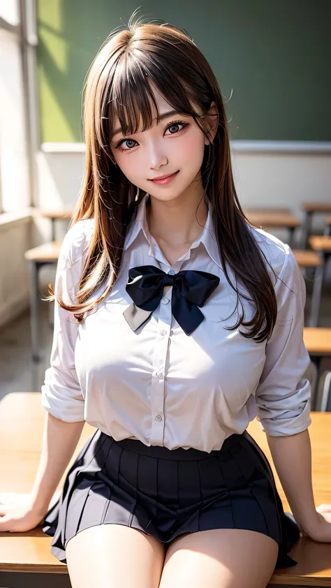 (classroom), (Beautiful and vibrant background), ((((Huge_chest)))), (Chest cleavage), (high school girl), (School uniforms), skirt, (Beautiful black eyes down to the last detail), Sit at a desk, (Show me your thighs:1.4), (Full Shot:1.8), Dynamic pose, Big eyes, Give students a very strong highlight, (Heart shaped eyes), Very cute supermodel, (1 girl), (Beautiful Face), Perfect Face, (High nose), Laugh a little, Embarrassing, Laughing with your mouth open, Highest quality, High resolution, (Beautiful mature girl), (original), (masterpiece), (Very nice and beautiful), (Perfect detail), (Unity CG 8K Wallpaper), 