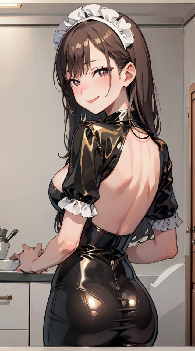 Marin Kitagawa,Maid, latex clothes, A beautiful smile, teasing,smug,((back)),