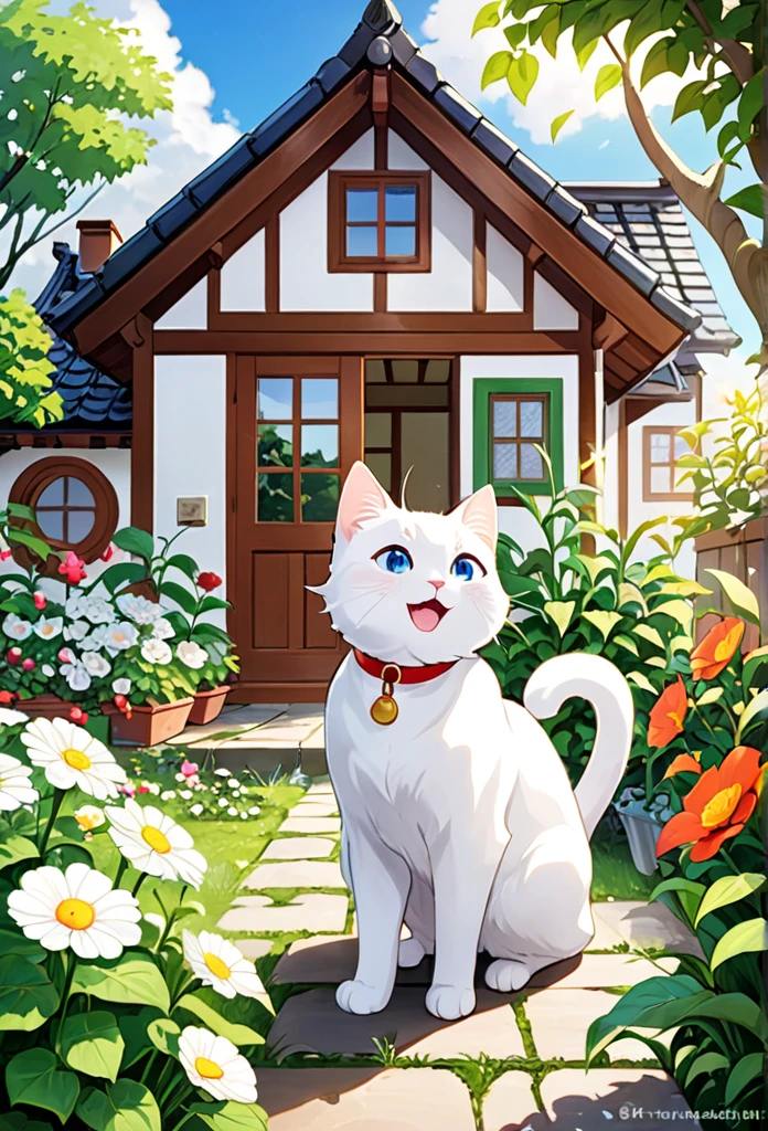 White cat milk regains energy、Enjoy a new adventure。Milk happily explores the garden and the house.、It shows how excited he is.。Full of adventure、Express your joy at new experiences while feeling the recovery from your previous illness.。