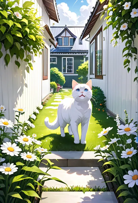 white cat milk overcomes illness、enjoying new adventures with family。milk runs around energetically in the garden and around the...