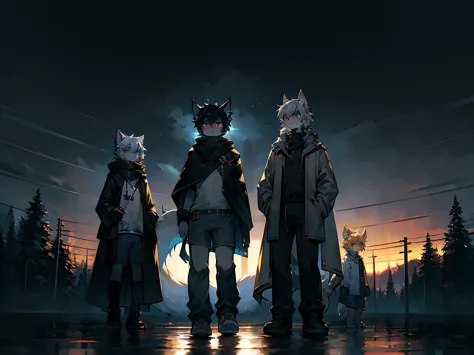 All staff side，walk，Anime style，Dark scene，Large background light source，five characters，The first one：hairy，16 years old，Young ...