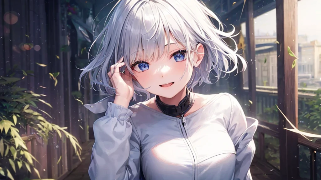 Ultra HD,Look at the viewers, Put your hands behind your back, With a girl, 20-year-old, 非常にShort Hair, Long bangs between the eyes, Pale blue eyes, Very detailed,(masterpiece、Highest quality),Gray Hair、Laughter、Fantastic, Silver Hair, Iris, Short hair、 Fluttering Hair、Small Face、明るいsmile、(Detailed face) ,Professional Lighting,Wonderful landscape,blue sky, sunlight,Looking down from above,Portraiture、Open your mouth、Flower Field、Her eyes were shining、Mysterious and enchanting atmosphere。With AI Painting、とてもShort Hair, Long bangs between the eyes, Very detailed,(masterpiece、Highest quality)、alone、Gray Hair、Fantasy, Silver Hair, Fantasyな風景、smile、Open your mouth、short hair、Short Hair、hairpin、black eye、Grey Eyes、Beautiful Eyes、Black Shirt、White hoodie