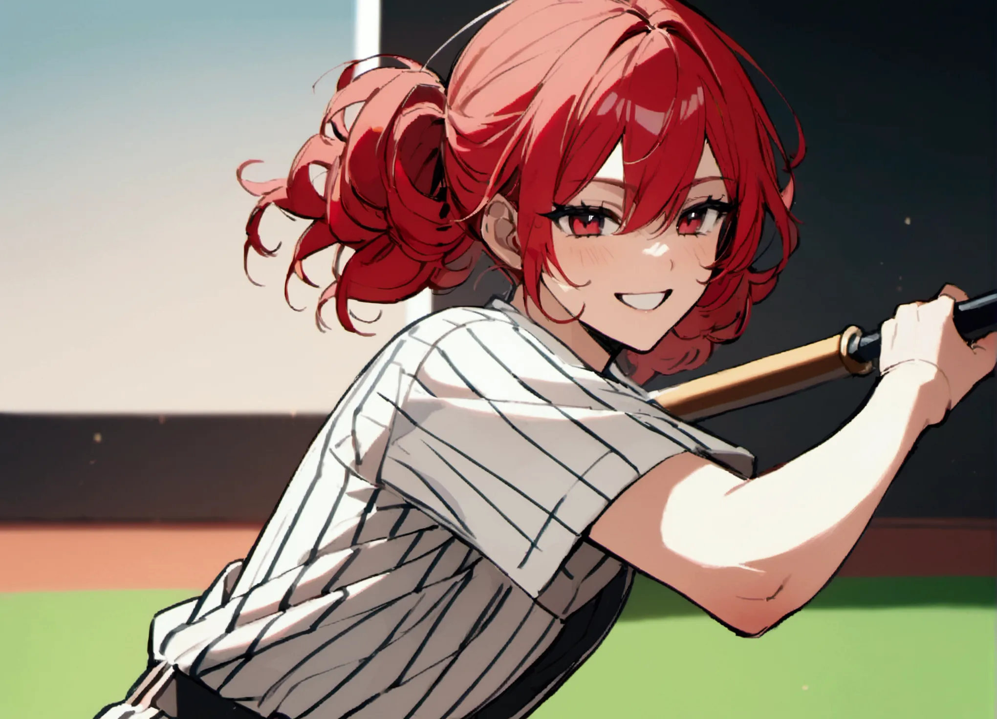 red hair, plays baseball, smiles