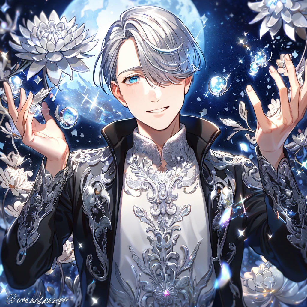 absurdres, highres, ultra detailed, HDR, master piece, best quality, extremely detailed, Victor Nikiforov, silver hair, expressive blue eyes, hair over the right eye, Yuri On Ice, solo, sexy man, handsome, smile, black coat, white sweater, fantasy, water, sparkling, silver glittering fireflies, silver moon, silver blossoms, silver chrysanthemums, silver sparkling lights, starry sky, magical