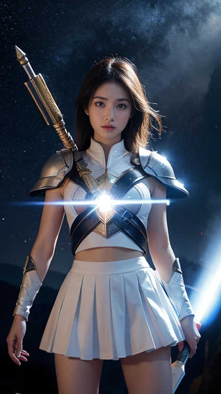 White combat uniform、skirt、Goddess of War、Staff、High resolution、Unknown powers、thunder、Wind、inflammation、muscle、Planetary alignment、Starry Sky、Blue light、Laser beam、God&#39;s Weapon、Diffuse reflection of light、Cyber Valkyrie