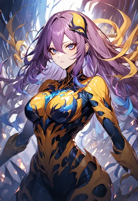1 girl, yellow symbiote with red details, beautiful girl, large breasted, blue colored eyes, purple hair with blue details, fors...