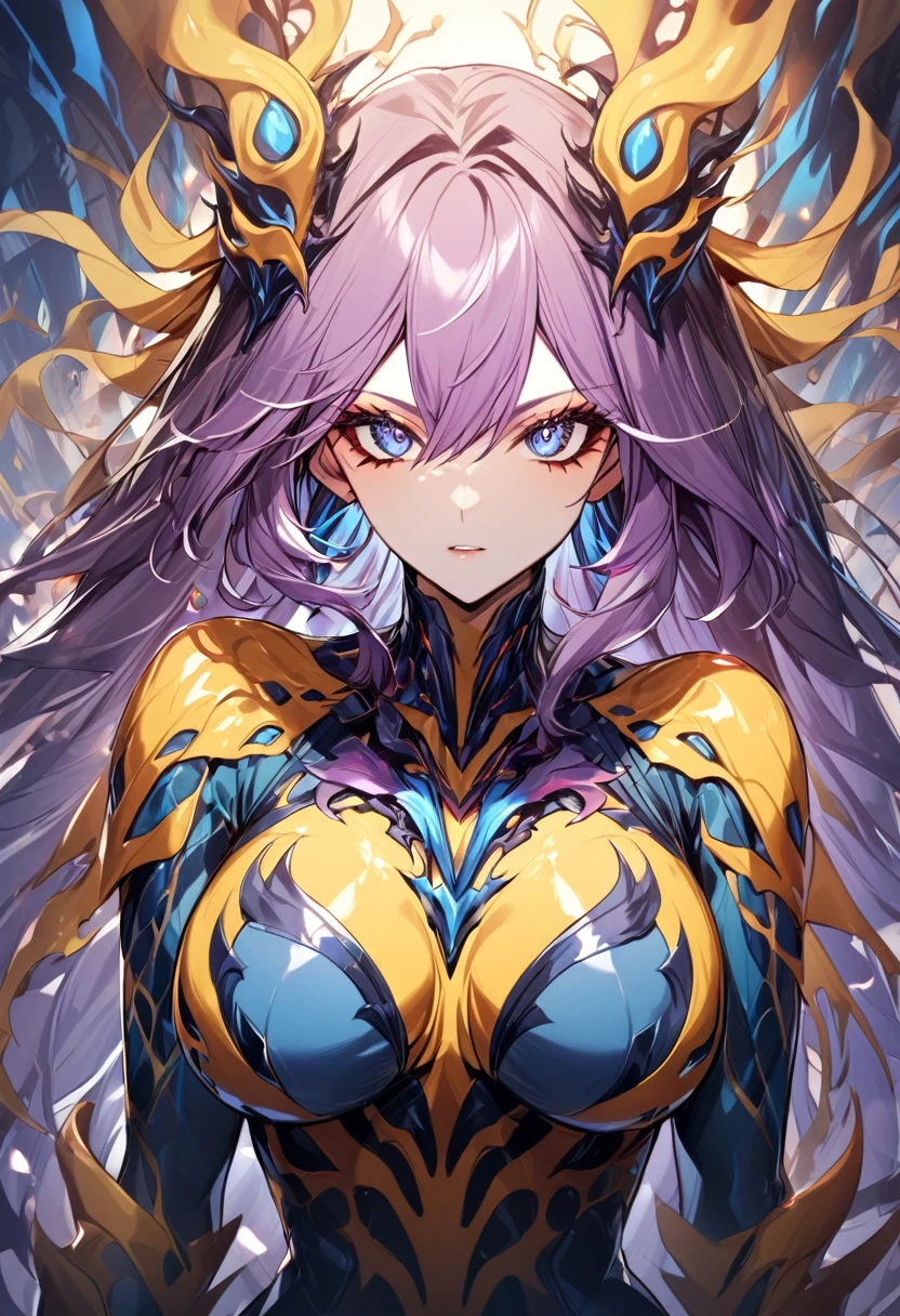 1 girl, yellow symbiote with red details, beautiful girl, large breasted, blue colored eyes, purple hair with blue details, forst