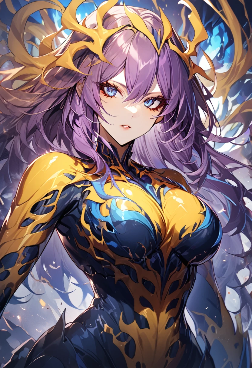 1 girl, yellow symbiote with red details, beautiful girl, large breasted, blue colored eyes, purple hair with blue details, forst