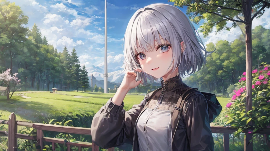 Ultra HD,Look at the viewers, Put your hands behind your back, With a girl, 20-year-old, 非常にShort Hair, Long bangs between the eyes, Pale blue eyes, Very detailed,(masterpiece、Highest quality),Gray Hair、Laughter、Fantastic, Silver Hair, Iris, Short hair、 Fluttering Hair、Small Face、明るいsmile、(Detailed face) ,Professional Lighting,Wonderful landscape,blue sky, sunlight,Looking down from above,Portraiture、Open your mouth、Flower Field、Her eyes were shining、Mysterious and enchanting atmosphere。With AI Painting、とてもShort Hair, Long bangs between the eyes, Very detailed,(masterpiece、Highest quality)、alone、Gray Hair、Fantasy, Silver Hair, Fantasyな風景、smile、Open your mouth、short hair、Short Hair、hairpin、black eye、Grey Eyes、Beautiful Eyes、Black Shirt、White hoodie