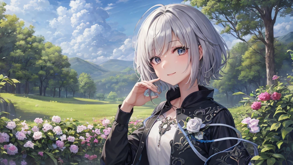 Ultra HD,Look at the viewers, Put your hands behind your back, With a girl, 20-year-old, 非常にShort Hair, Long bangs between the eyes, Pale blue eyes, Very detailed,(masterpiece、Highest quality),Gray Hair、Laughter、Fantastic, Silver Hair, Iris, Short hair、 Fluttering Hair、Small Face、明るいsmile、(Detailed face) ,Professional Lighting,Wonderful landscape,blue sky, sunlight,Looking down from above,Portraiture、Open your mouth、Flower Field、Her eyes were shining、Mysterious and enchanting atmosphere。With AI Painting、とてもShort Hair, Long bangs between the eyes, Very detailed,(masterpiece、Highest quality)、alone、Gray Hair、Fantasy, Silver Hair, Fantasyな風景、smile、Open your mouth、short hair、Short Hair、hairpin、black eye、Grey Eyes、Beautiful Eyes、Black Shirt、White hoodie