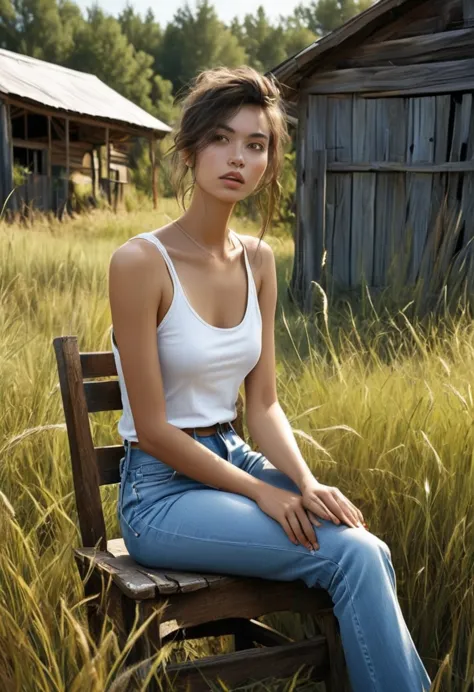 1g irl, alone, cinematic, realistic, ultra-high resolution, a woman wearing a white tank top and denim pants、sitting elegantly o...