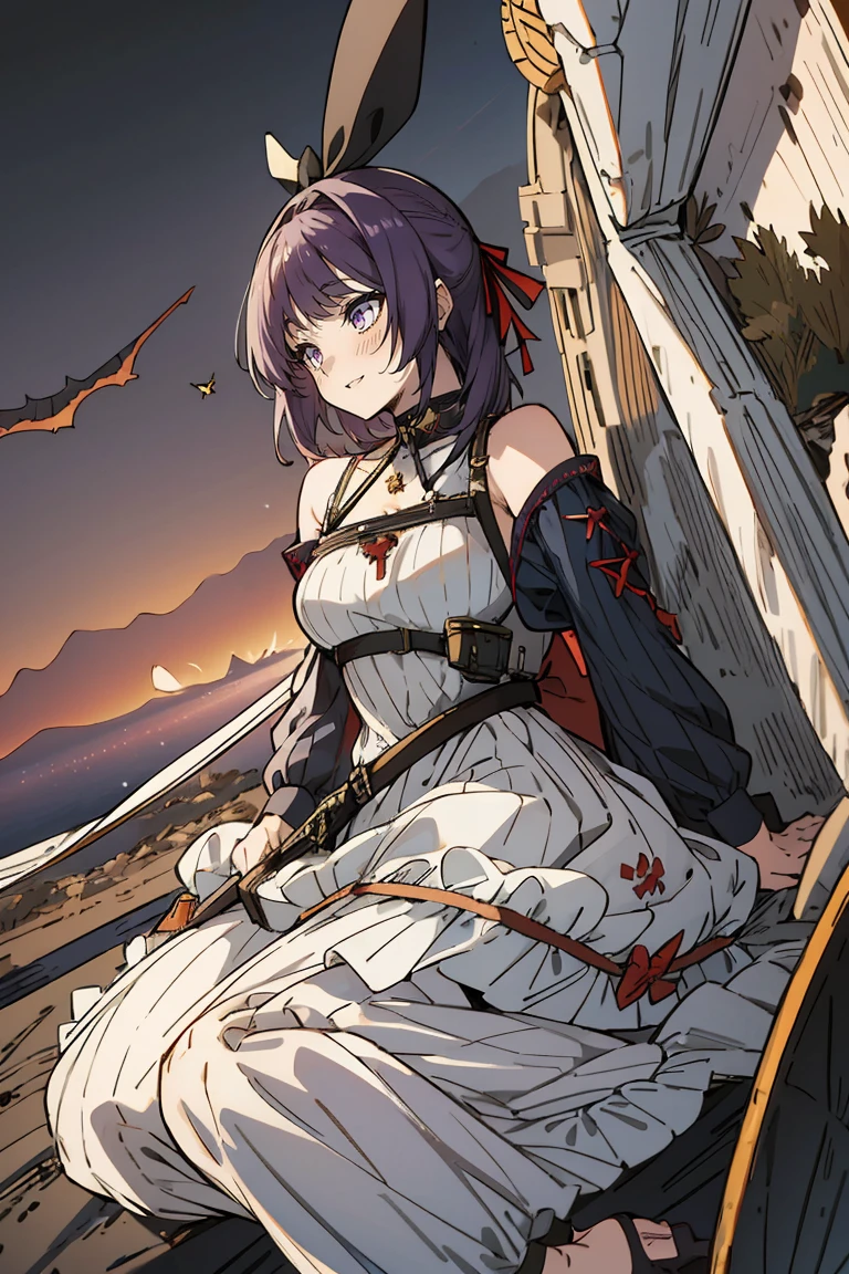 (masterpiece:1.2), (high quality:1.2), reo mikage, blue lock, girls with((1girl, solo, purple hair, (medium hair, right swept bangsone side up, hair ribbon, hair bow:1.55), bare shoulder, blush, breasts, choker, cleavage, cowboy shot, collar, collarbone, rosary, rosary choker, cross, white clothes, blouse, sleeveless, neck ribbon, big ribbon, cheongsam, cinderella dress, long dress, frill pannier, leggings, boots, sandals, bare feet, sittings)), background with((Battlefield, continent, earth, horizon:2.0))