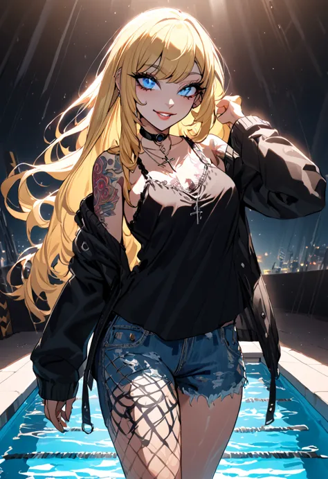 1 girl, holo-punk style, hair blonde, blue eyes pool, aretes, eyelash, ssmile, beachfront, jewerly, lips, make up, cross necklac...