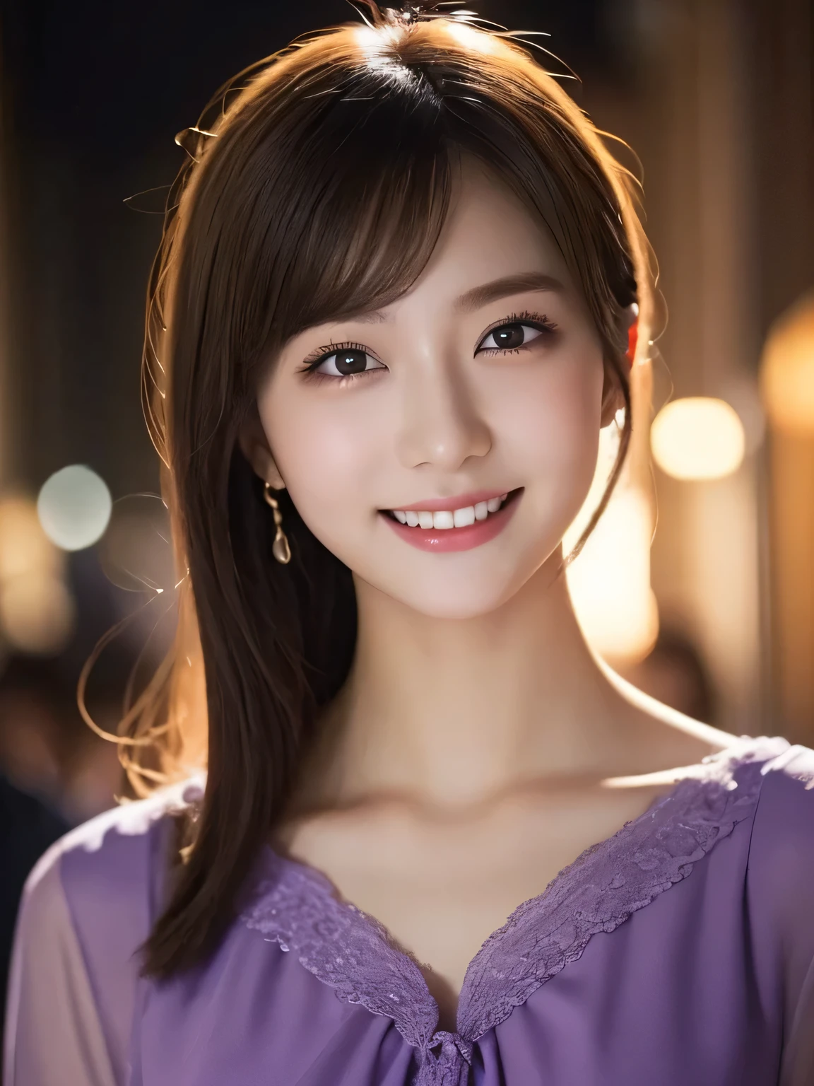 1girl in, (Wearing a purple blouse:1.2), (Raw photo, Best Quality), (Realistic, Photorealsitic:1.4), masterpiece, Extremely delicate and beautiful, Extremely detailed, 2k wallpaper, amazing, finely detail, the Extremely Detailed CG Unity 8K Wallpapers, Ultra-detailed, hight resolution, Soft light, Beautiful detailed girl, extremely detailed eye and face, beautiful detailed nose, Beautiful detailed eyes, Cinematic lighting, city light at night, Perfect Anatomy, Slender body, Smiling,