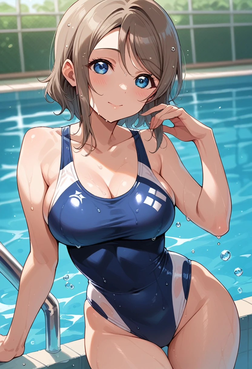 (Masterpiece), anime style,Watanabe you, standing, facing viewer, outdoors, one-piece swimsuit,low cut at hips, blue eyes, beautiful detailed face and eyes, half body inside pool,wet, (shiny water drops:1.2) , big breasts