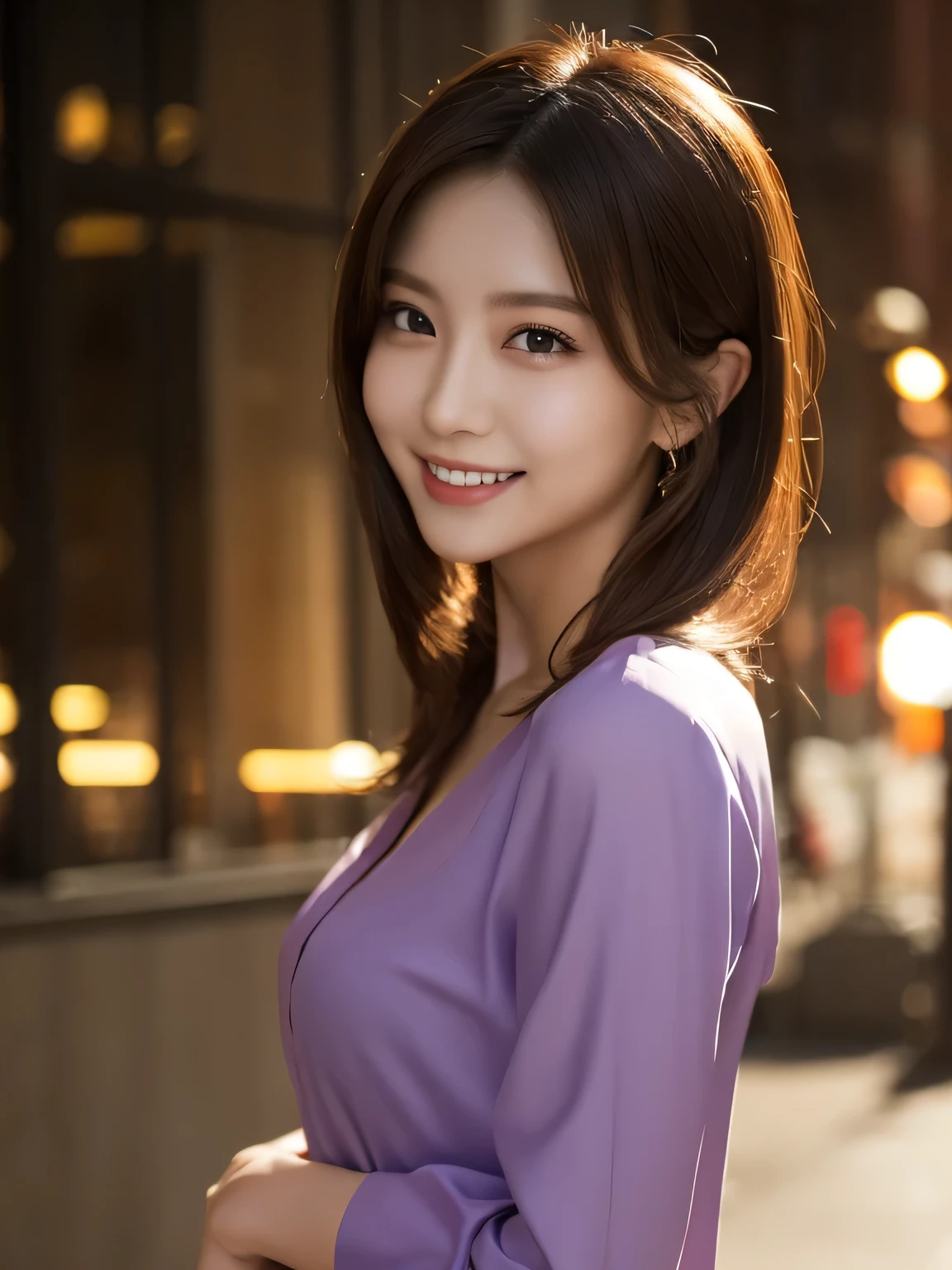 1girl in, (Wearing a purple blouse:1.2), (Raw photo, Best Quality), (Realistic, Photorealsitic:1.4), masterpiece, Extremely delicate and beautiful, Extremely detailed, 2k wallpaper, amazing, finely detail, the Extremely Detailed CG Unity 8K Wallpapers, Ultra-detailed, hight resolution, Soft light, Beautiful detailed girl, extremely detailed eye and face, beautiful detailed nose, Beautiful detailed eyes, Cinematic lighting, city light at night, Perfect Anatomy, Slender body, Smiling, Random body orientation,