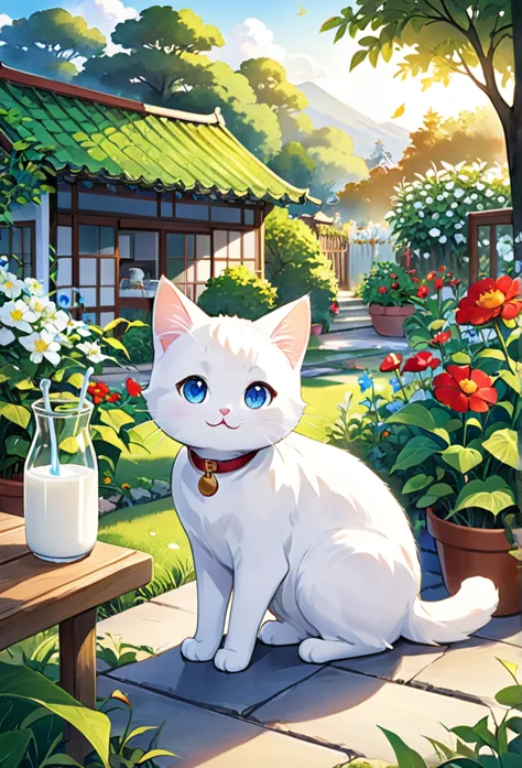 milk, the white cat who overcame illness、scenes for enjoying a new daily routine。milk is playing happily in the garden、i enjoy s...