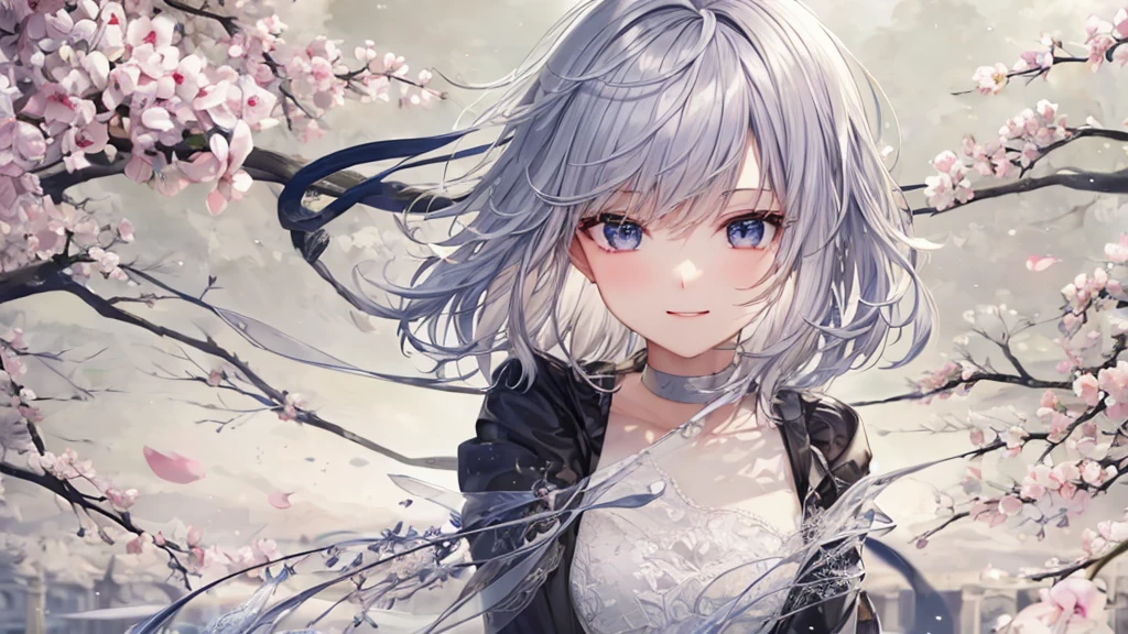 Ultra HD,Look at the viewers, Put your hands behind your back, With a girl, 20-year-old, 非常にShort Hair, Long bangs between the eyes, Pale blue eyes, Very detailed,(masterpiece、Highest quality),Gray Hair、Laughter、Fantastic, Silver Hair, Iris, Short hair、 Fluttering Hair、Small Face、明るいsmile、(Detailed face) ,Professional Lighting,Wonderful landscape,blue sky, sunlight,Looking down from above,Portraiture、Open your mouth、Flower Field、Her eyes were shining、Mysterious and enchanting atmosphere。With AI Painting、とてもShort Hair, Long bangs between the eyes, Very detailed,(masterpiece、Highest quality)、alone、Gray Hair、Fantasy, Silver Hair, Fantasyな風景、smile、Open your mouth、short hair、Short Hair、hairpin、black eye、Grey Eyes、Beautiful Eyes、Black Shirt、White hoodie