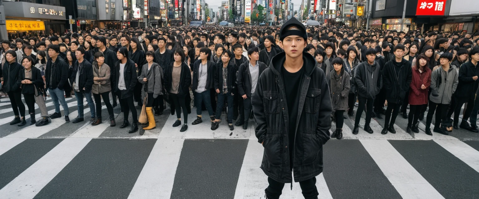 Extremely high angle shot, Professional Model, Standard height, (Ratio of people to people 1:1) Stand in the center of a crosswalk inspired by the chaos of Shibuya, Staring into the camera, Wearing a black washed safari long jacket and a black hoodie, Black overalls, Dark gray boots, People wearing clothes of various colors, Crowded street realistic photo
