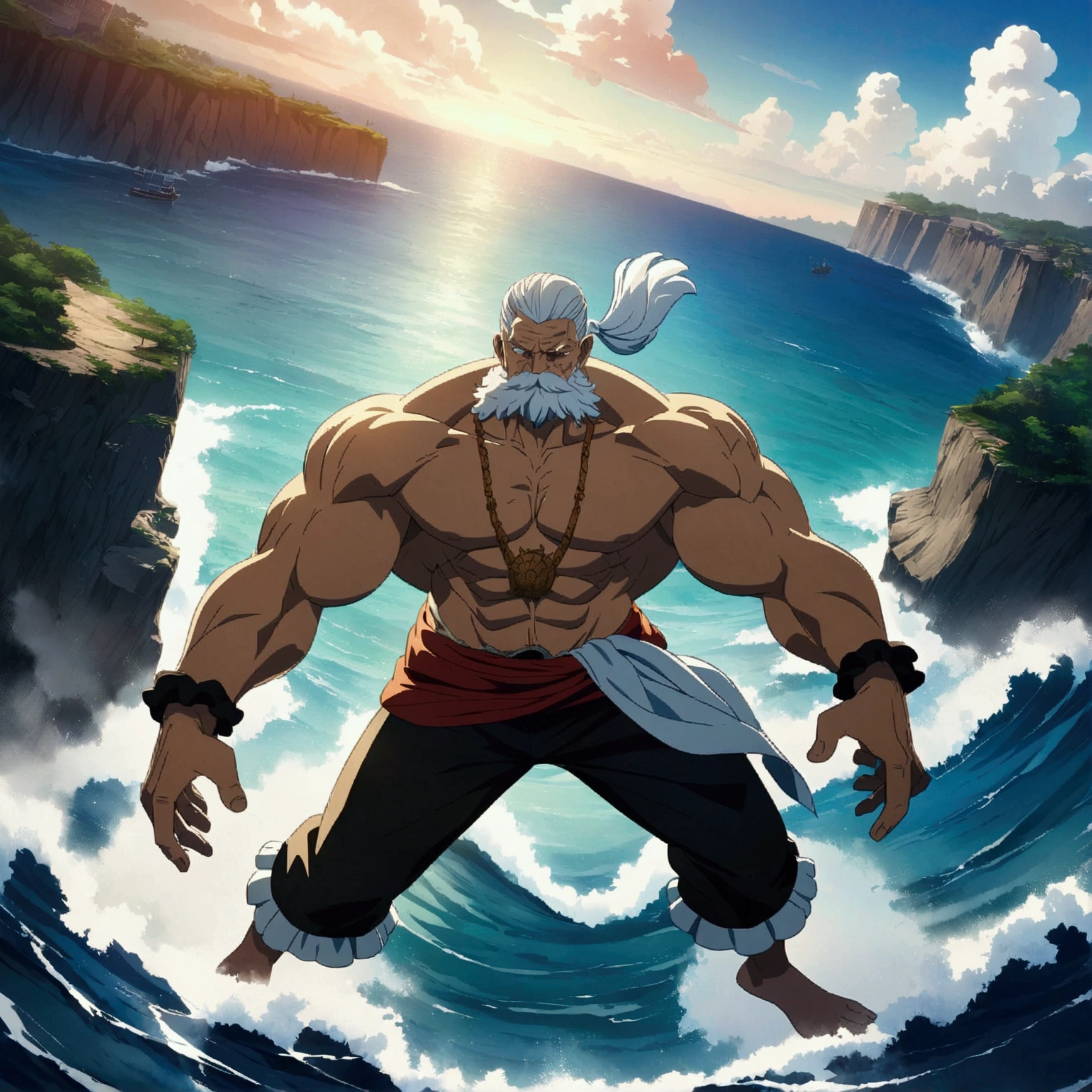 Old man,muscular and defined body,pirate captain outfit,sea scenery -  SeaArt AI