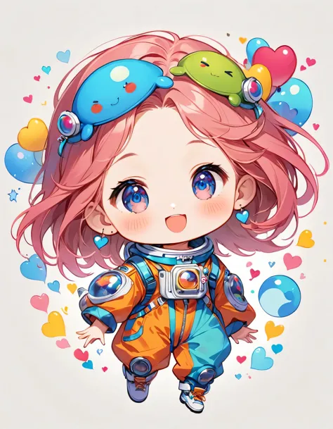 Momoko Sakura colorfull style, Simple Line Initialism，Abstract art，(((The most beautiful girl of all time))), (((chibi))), Sweet face. colorful hearts, funny design, (((happy dance))), Spacesuit, (((Cute Aliens))), The background is space