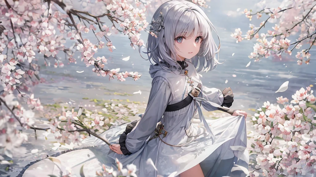 Ultra HD,Look at the viewers, Put your hands behind your back, With a girl, 20-year-old, 非常にShort Hair, Long bangs between the eyes, Pale blue eyes, Very detailed,(masterpiece、Highest quality),Gray Hair、Laughter、Fantastic, Silver Hair, Iris, Short hair、 Fluttering Hair、Small Face、明るいsmile、(Detailed face) ,Professional Lighting,Wonderful landscape,blue sky, sunlight,Looking down from above,Portraiture、Open your mouth、Flower Field、Her eyes were shining、Mysterious and enchanting atmosphere。With AI Painting、とてもShort Hair, Long bangs between the eyes, Very detailed,(masterpiece、Highest quality)、alone、Gray Hair、Fantasy, Silver Hair, Fantasyな風景、smile、Open your mouth、short hair、Short Hair、hairpin、black eye、Grey Eyes、Beautiful Eyes、Black Shirt、White hoodie