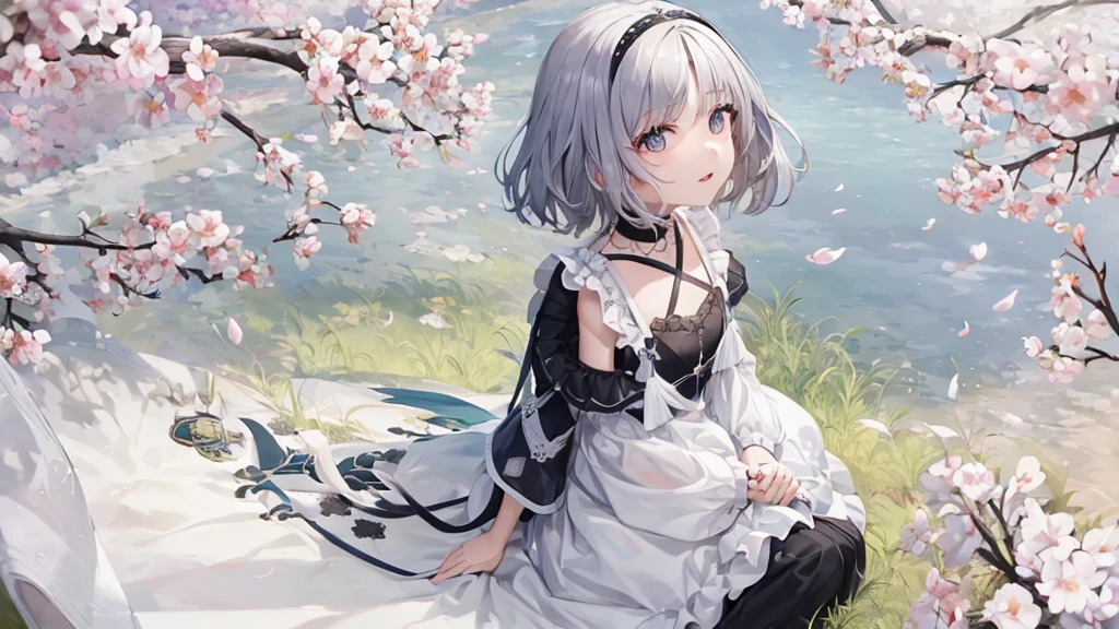 Ultra HD,Look at the viewers, Put your hands behind your back, With a girl, 20-year-old, 非常にShort Hair, Long bangs between the eyes, Pale blue eyes, Very detailed,(masterpiece、Highest quality),Gray Hair、Laughter、Fantastic, Silver Hair, Iris, Short hair、 Fluttering Hair、Small Face、明るいsmile、(Detailed face) ,Professional Lighting,Wonderful landscape,blue sky, sunlight,Looking down from above,Portraiture、Open your mouth、Flower Field、Her eyes were shining、Mysterious and enchanting atmosphere。With AI Painting、とてもShort Hair, Long bangs between the eyes, Very detailed,(masterpiece、Highest quality)、alone、Gray Hair、Fantasy, Silver Hair, Fantasyな風景、smile、Open your mouth、short hair、Short Hair、hairpin、black eye、Grey Eyes、Beautiful Eyes、Black Shirt、White hoodie