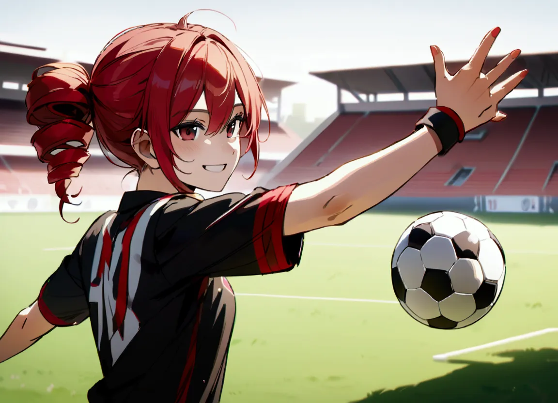 red hair, plays soccer, smiles