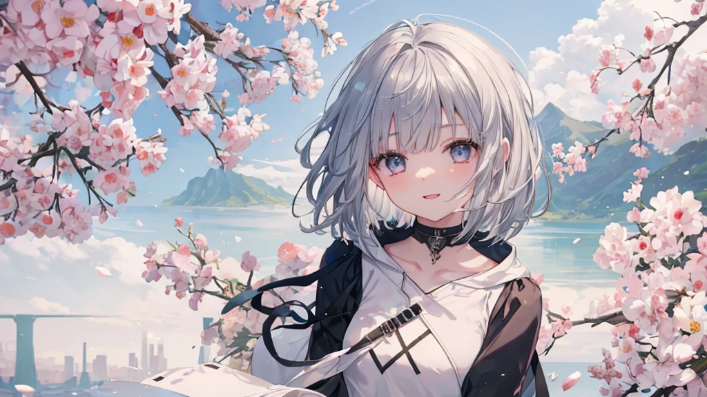 Ultra HD,Look at the viewers, Put your hands behind your back, With a girl, 20-year-old, 非常にShort Hair, Long bangs between the eyes, Pale blue eyes, Very detailed,(masterpiece、Highest quality),Gray Hair、Laughter、Fantastic, Silver Hair, Iris, Short hair、 Fluttering Hair、Small Face、明るいsmile、(Detailed face) ,Professional Lighting,Wonderful landscape,blue sky, sunlight,Looking down from above,Portraiture、Open your mouth、Flower Field、Her eyes were shining、Mysterious and enchanting atmosphere。With AI Painting、とてもShort Hair, Long bangs between the eyes, Very detailed,(masterpiece、Highest quality)、alone、Gray Hair、Fantasy, Silver Hair, Fantasyな風景、smile、Open your mouth、short hair、Short Hair、hairpin、black eye、Grey Eyes、Beautiful Eyes、Black Shirt、White hoodie