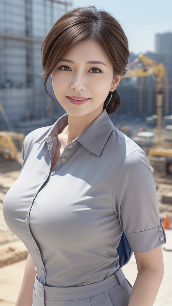 ((masterpiece))、((Highest quality))、picture、Reality、High-level image quality、Advanced Depth of Field、Ultra-detailed、Realistic lighting、Dynamic composition、Construction worker、Building construction site、(Building construction siteで全身撮影:1.3)、(Hair tied back in an updo:1.3)、（Wearing a white work helmet:1.8),blue sky、（Married women、50th Generation）、Beautiful woman、Mature woman working at a construction site、Delicate facial features、Old face、Facial wrinkles、Realistic Background、Big sexy lips、Sensual smile、Smiling shyly、(Huge breasts)、(Saggy breasts)、(Voluptuous figure)、(Wearing grey buttoned up work clothes at a construction site:1.2)、