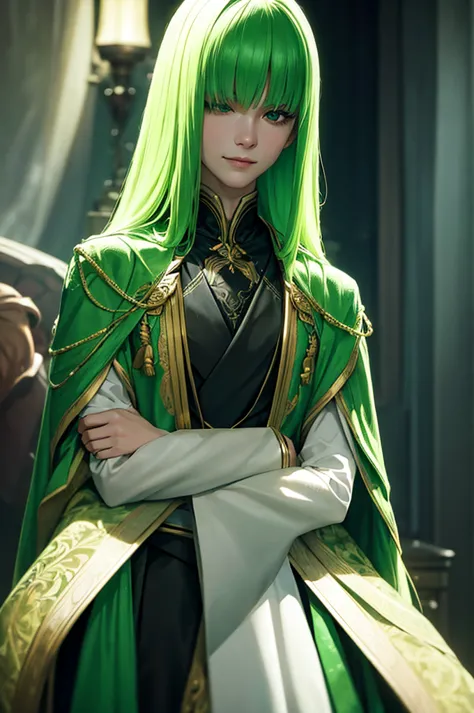 a man with lizard-like features, long green straight hair covering his eyes, a kind smile, wearing semi-formal prince-like cloth...