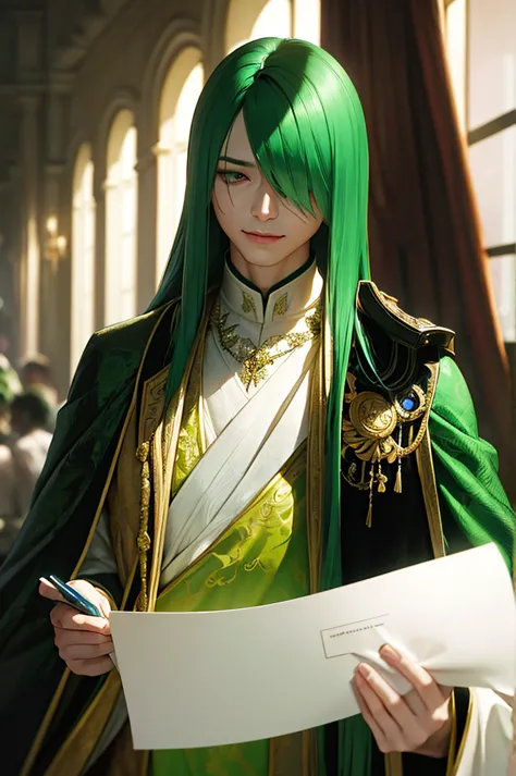 a man with lizard-like features, long green straight hair covering his eyes, a kind smile, wearing semi-formal prince-like cloth...