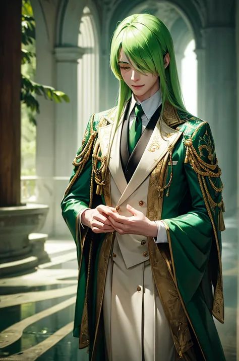 a man with lizard-like features, long green straight hair covering his eyes, a kind smile, wearing semi-formal prince-like cloth...