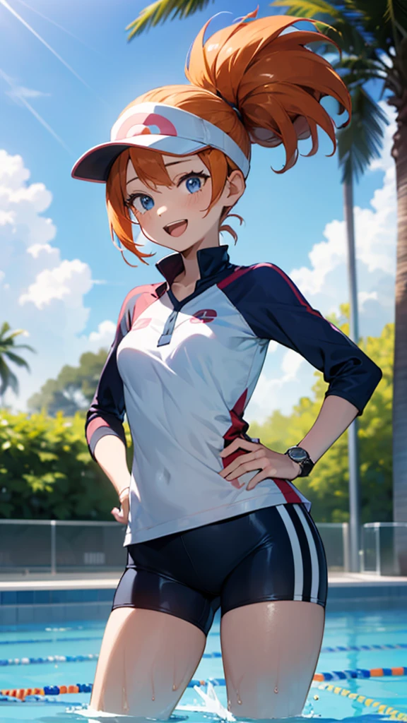 1 girl, masterpiece, best quality, highres, ro1, Misty from pokemon, hair bun, blue eyes, visor cap, , raglan sleeves, blue bicycle shorts, small ponytail on the side, wristwatch, standing, hand on hip, smile, open mouth, (sparkle:1.1), orange hair, medium breasts, 3/4 body view, outdoors, swimming pool